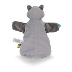a gray raccoon hand puppet cuddle blanket featuring a blue nose, ideal for baby activity play.