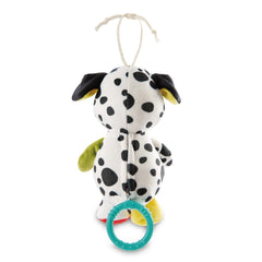 Dalmatian musical box with soft white and black fabric, yellow ear, green neck ring, and red-yellow foot for baby activities.