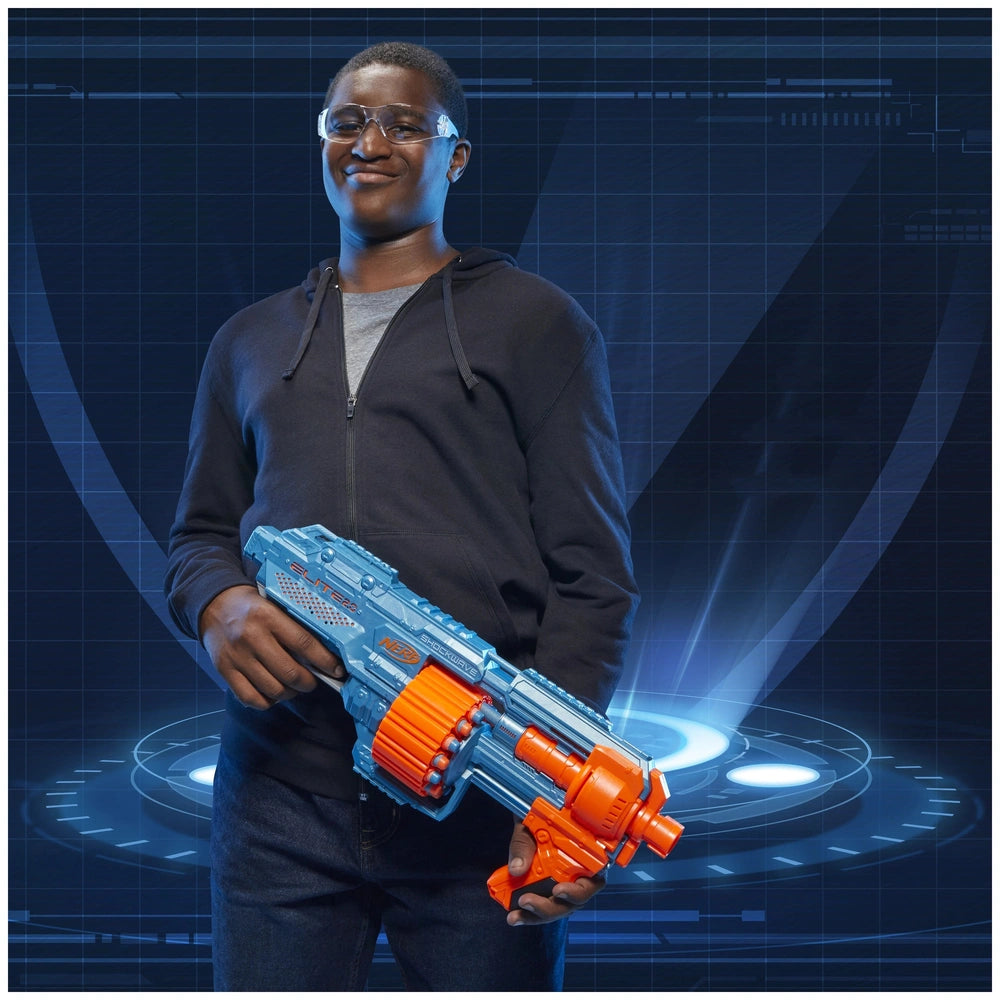 Nerf Elite 2.0 Shockwave RD-15 blaster held by a person in a black hoodie against a futuristic digital background.