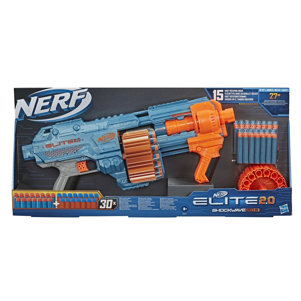 Nerf Elite 2.0 Shockwave RD-15 blaster in blue packaging features orange components, 15 dart capacity, and 27m range details.
