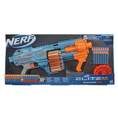Nerf Elite 2.0 Shockwave RD-15 blaster in blue packaging features orange components, 15 dart capacity, and 27m range details.