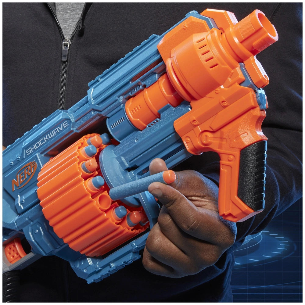 Nerf Elite 2.0 Shockwave RD-15 Blaster in blue and orange plastic with gray fabric sleeve and visible branding details.