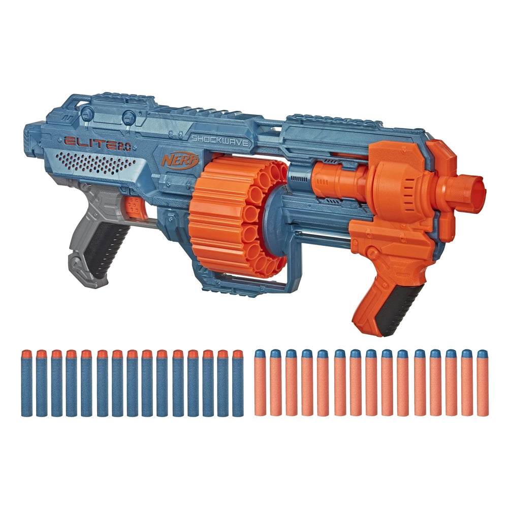 Nerf Elite 2.0 Shockwave RD-15 Blaster in orange, blue, and gray plastic with barrel, grip, trigger, scope, stock, magazine, 