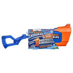 Nerf Super Soaker Rainstorm in blue and orange packaging, featuring a blue handle and orange container, suitable for ages 6+.