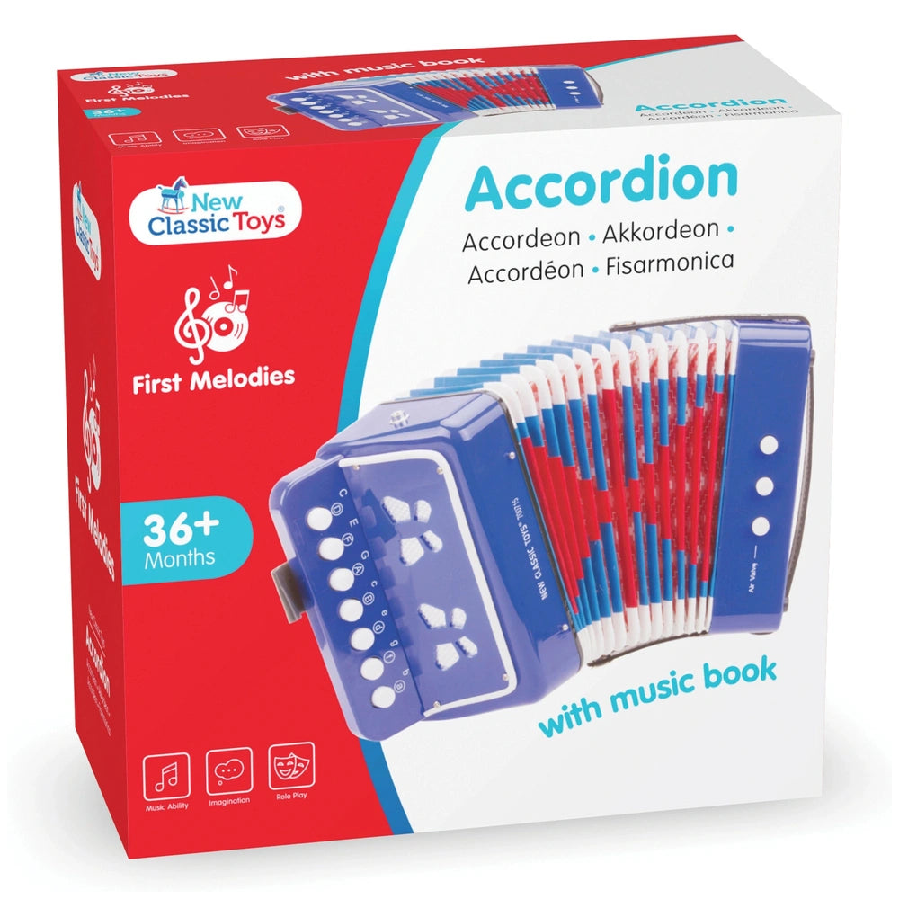 Toys" logo, featuring a blue and red accordion with white buttons and a music book, in glossy cardboard packaging.