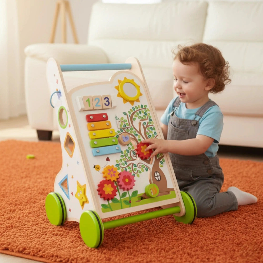 Activity Walker features a child in gray overalls engaging with a colorful wooden and plastic toy on an orange carpet.