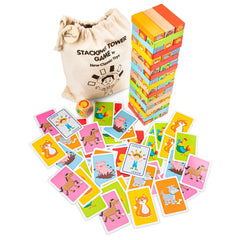 Block Tower Game by New Classic Toys features a light beige bag, colorful animal cards, and a wooden stacking tower.