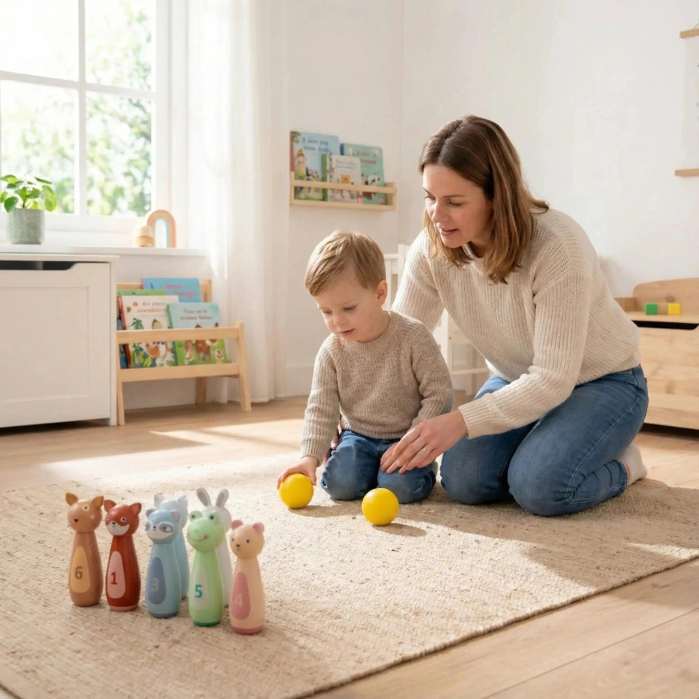 a colorful bowling set featuring animal designs, arranged on a beige rug.