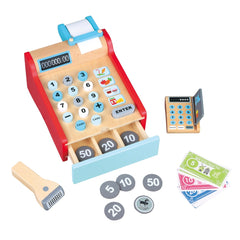New Classic Toys cash register in red with wooden base, plastic buttons, and digital display showing "000000".