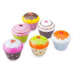 Cupcake assortment in gift box featuring four colorful cupcakes with various liners, icing, and sprinkles, made of plastic an
