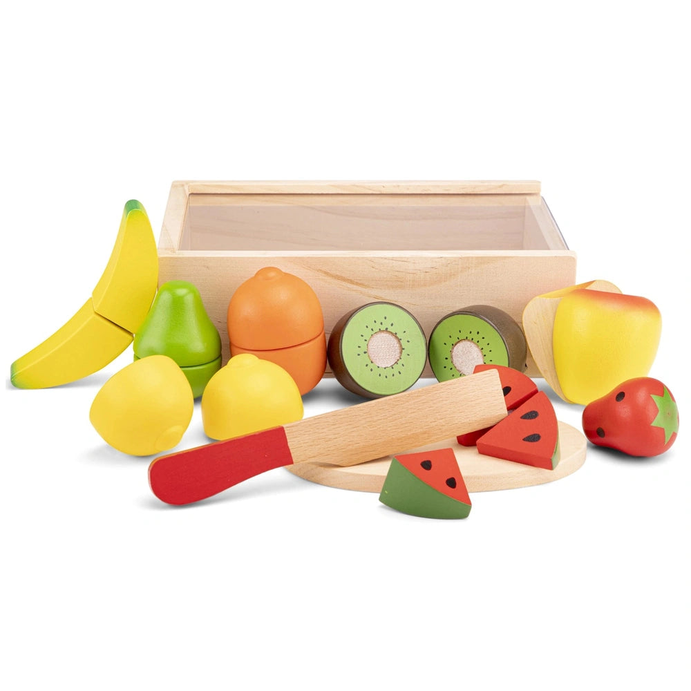New Classic Toys Cuttingset with wooden box, knife, and colorful plastic fruits including banana, apple, and watermelon.