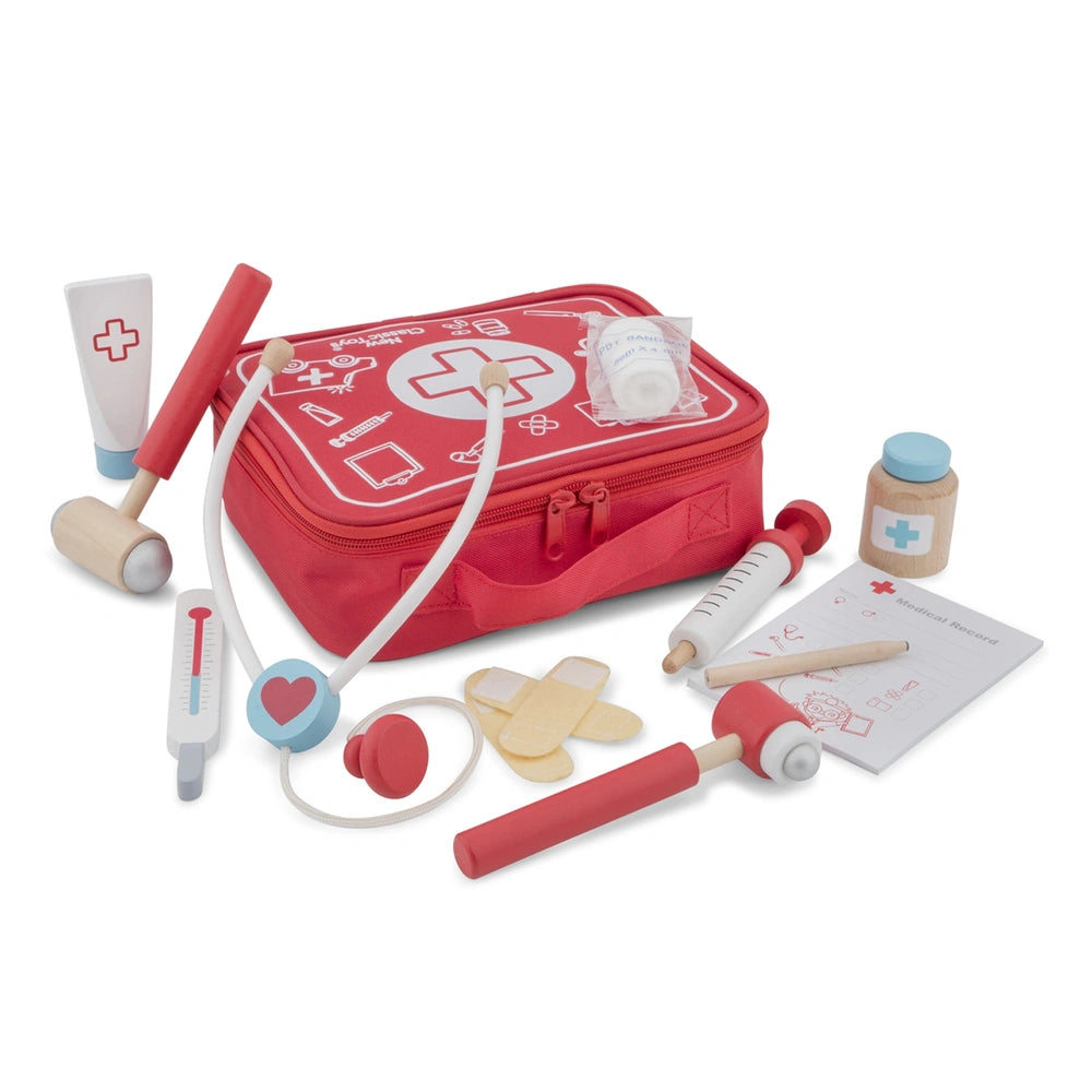 New Classic Toys Doctor Set featuring a red fabric case, white and blue stethoscope, and brown wooden handle.