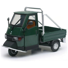Piaggio Ape 50 Cross Country die-cast model in green with clear windows, black accents, and metal roof rack, front view.