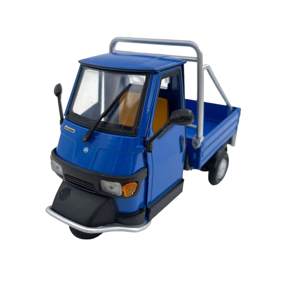 Blue Piaggio Ape 50 Cross Country 1:18 die cast vehicle with black bumper, wheels, and orange interior door panel.
