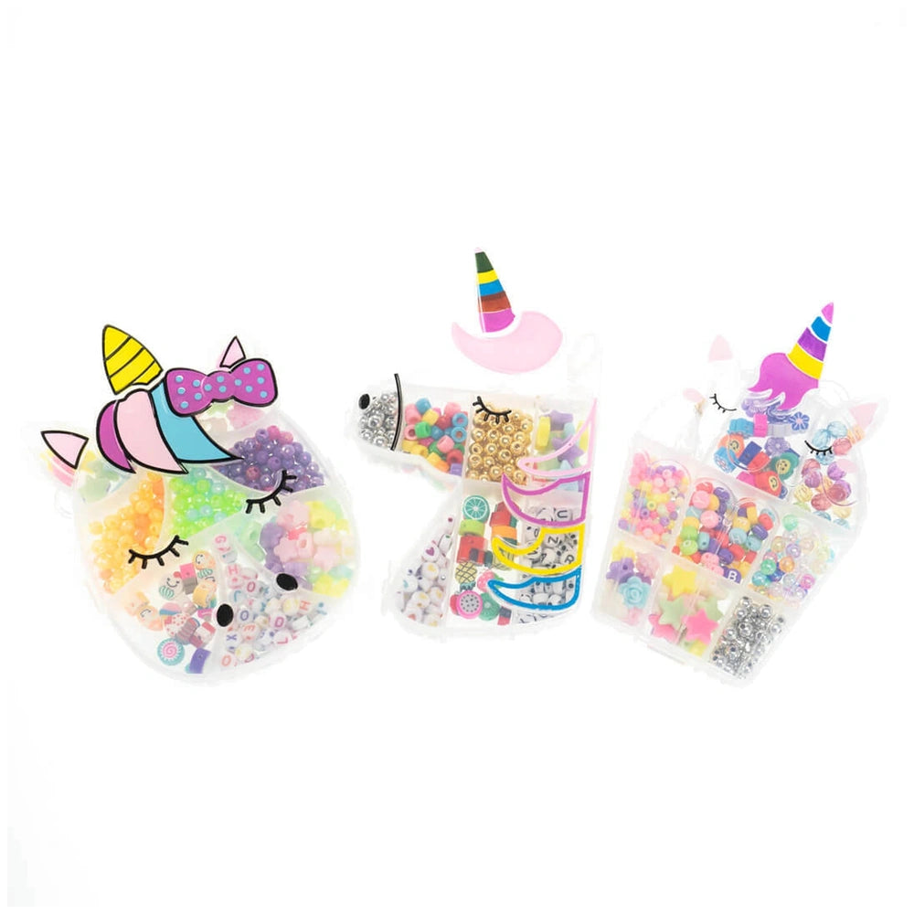 Beads ABC Unicorn Pocket Box Set features a colorful, translucent container with polka dots and stripes in pink, purple, and 
