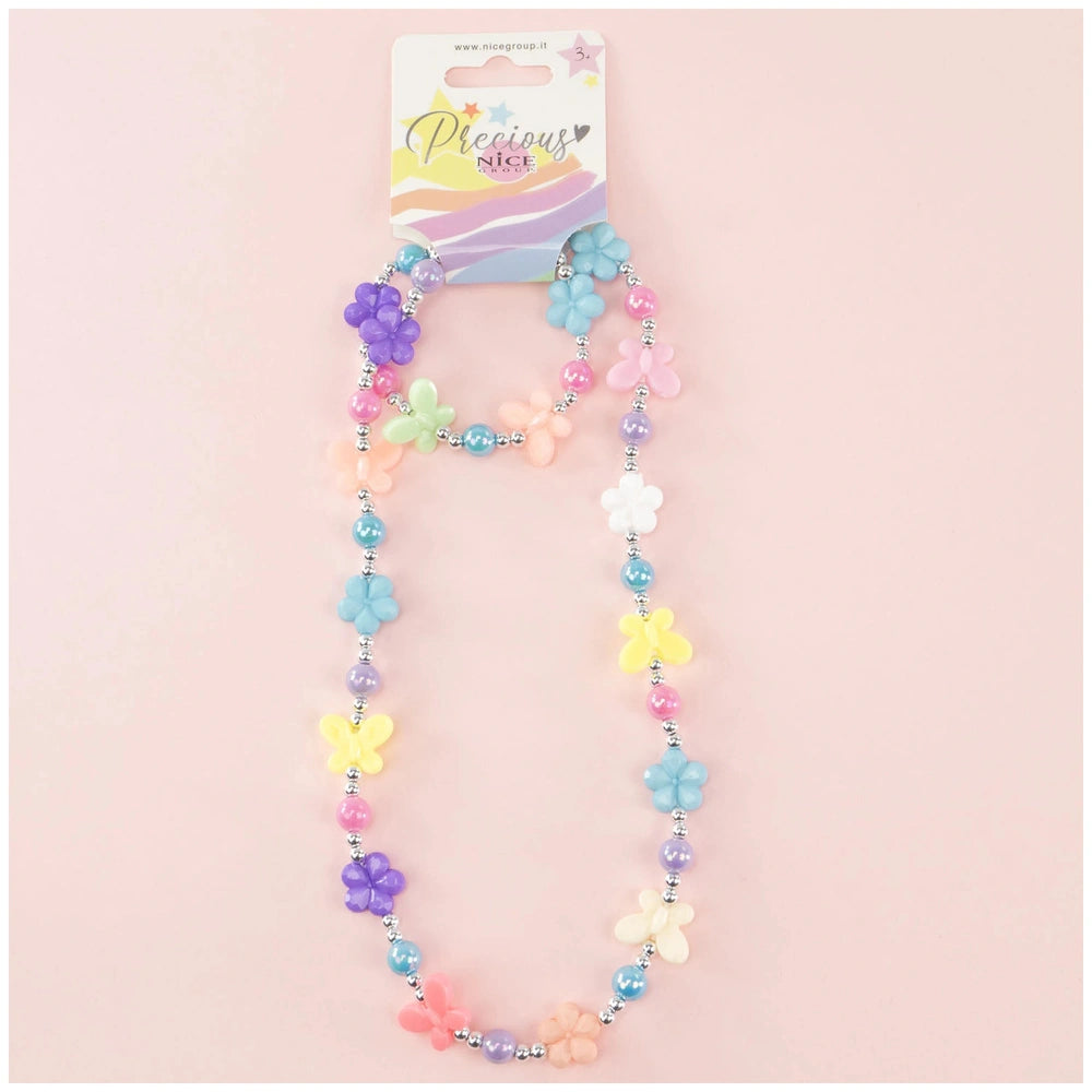 Butterflies necklace and bracelet set in colorful packaging with flower-shaped beads and a star-tagged design on a light pink