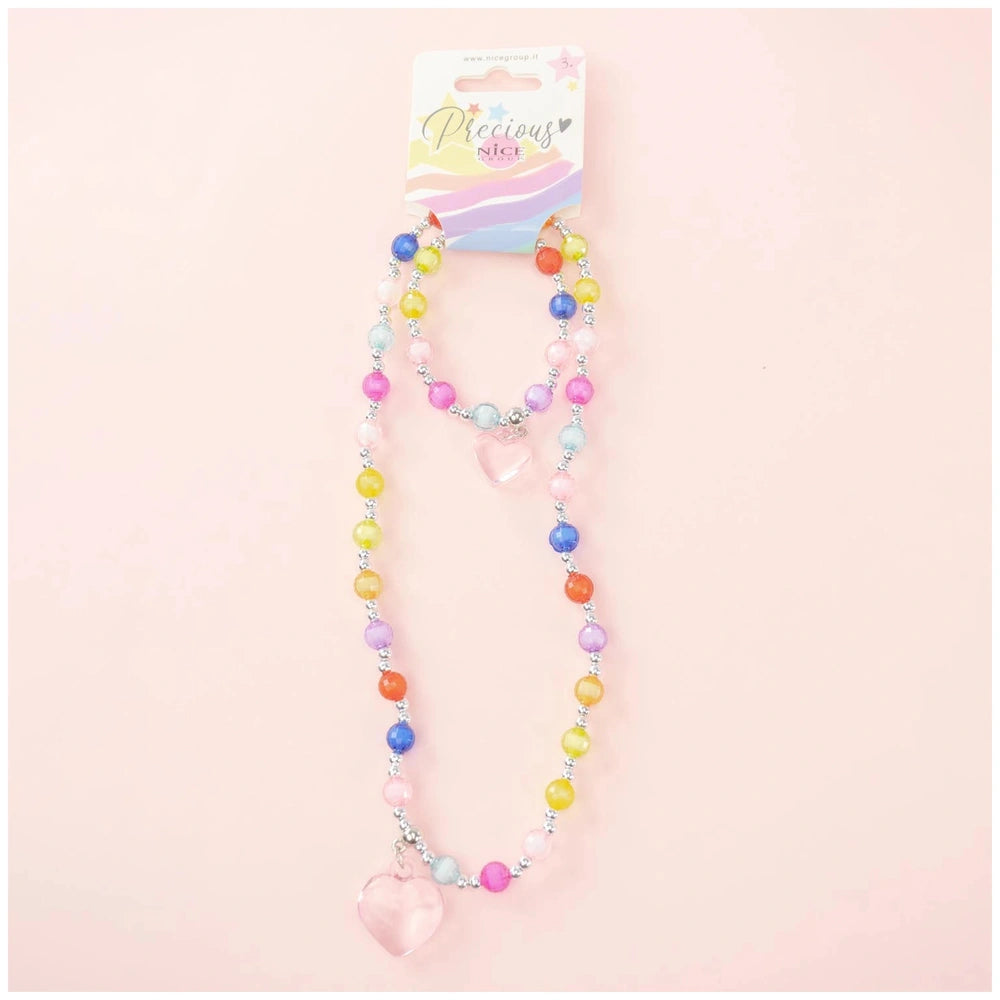 the packaging includes a colorful graphic design and product information for the Nice Colorful Hearts Necklace and Bracelet S