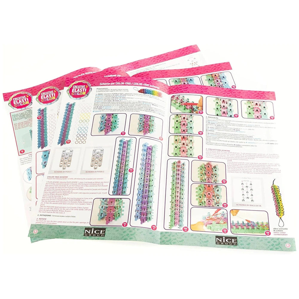 Creative Elasticolor jewelry kit packaging features colorful graphics, a color wheel, and instructions on glossy light blue c