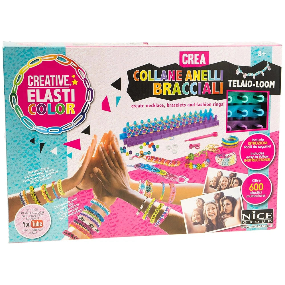 Creative Elasticolor kit for making colorful necklaces, bracelets, and rings in vibrant packaging of cardboard and plastic.