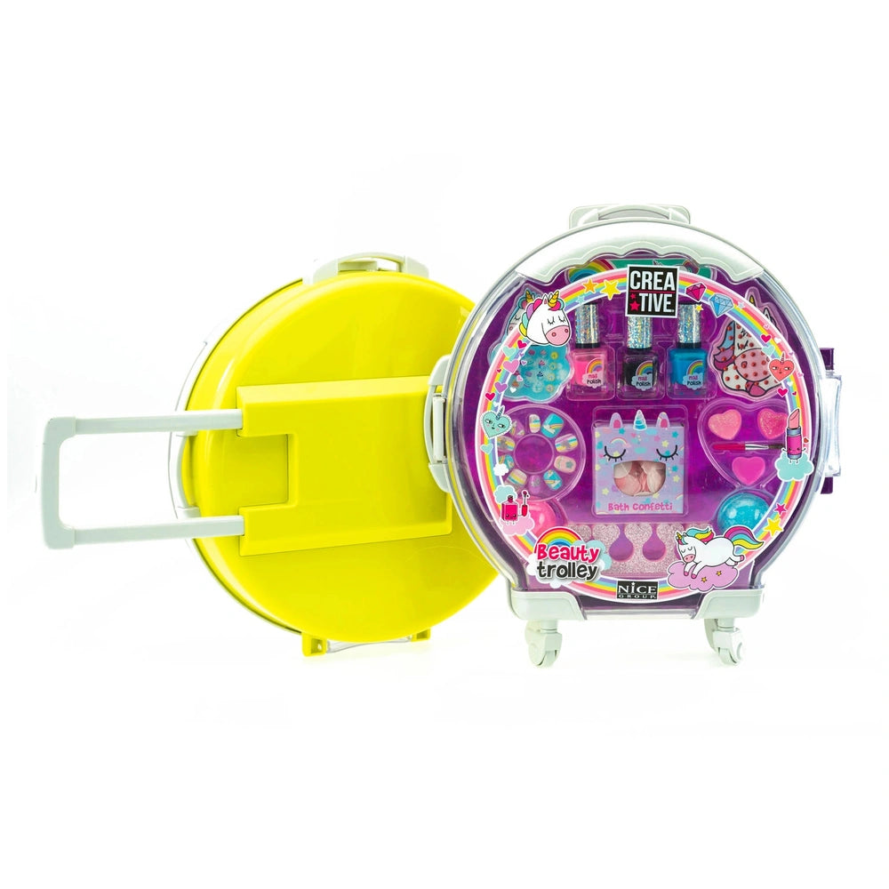 Nice Creative Trolley Beauty & Nails Unicorn in yellow plastic with glossy finish, featuring unicorn, heart, and rainbow desi