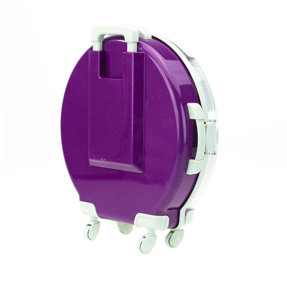 Purple plastic trolley for beauty and nails featuring a unicorn design, with white plastic hinges.