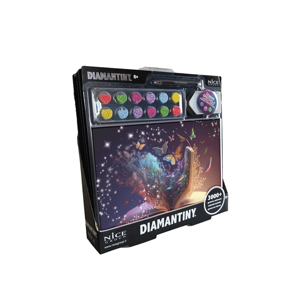 Diamantiny painting kit packaging features colorful markers in a glossy box with a transparent window and various white text 