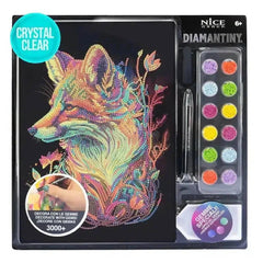 Diamantiny painting kit featuring a wolf's head design, colorful gemstones, and a stylus in plastic packaging.