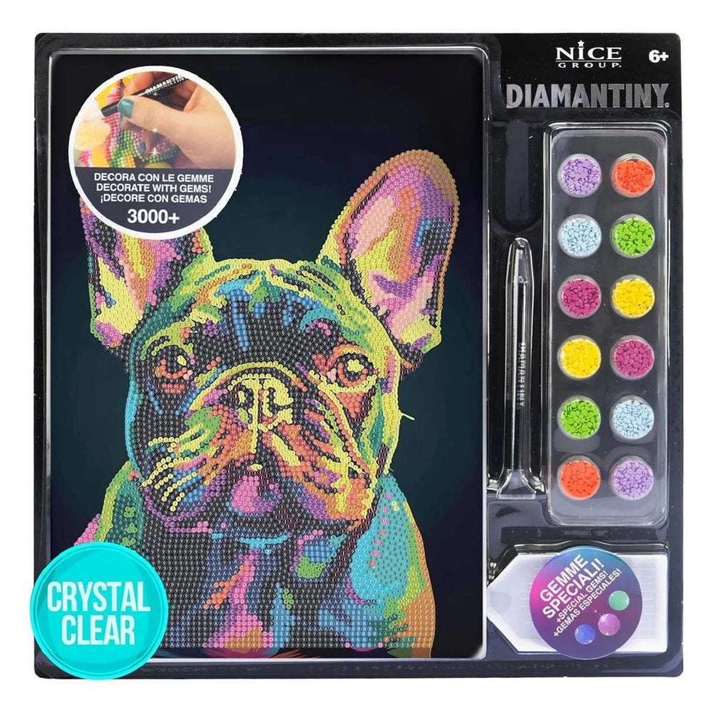 Diamantiny Artist Level Up painting kit featuring a dog image, 6-color paint palette, and gemstone decorations on retail pack