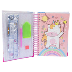 NICE Diamantiny Coloring Book features a pink and white cover with a green unicorn, yellow sun, and vibrant rainbow designs.