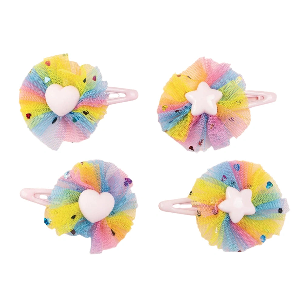 Heart-shaped and star-shaped hair clip set featuring a rainbow of colors with attachment hooks.