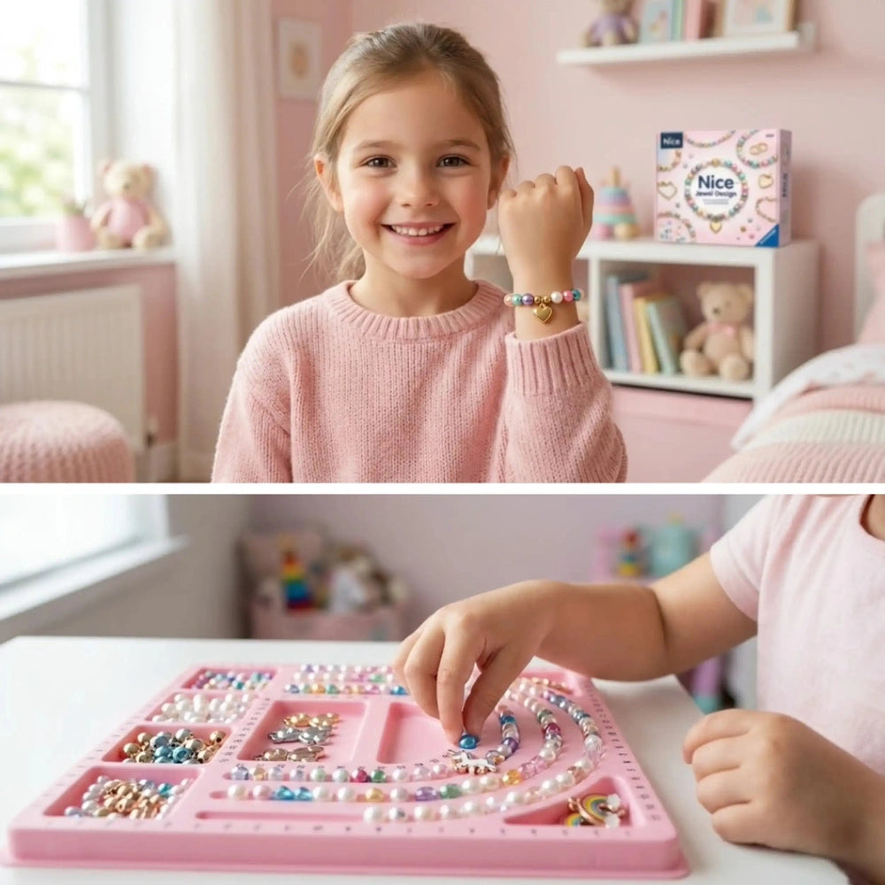 Young girl in a pink sweater crafts with colorful plastic beads on a white table and pink tray, showcasing various designs.