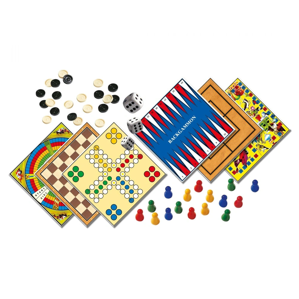 Noris 100 Games Collection showcases diverse board games with colorful designs and scattered components on a white background