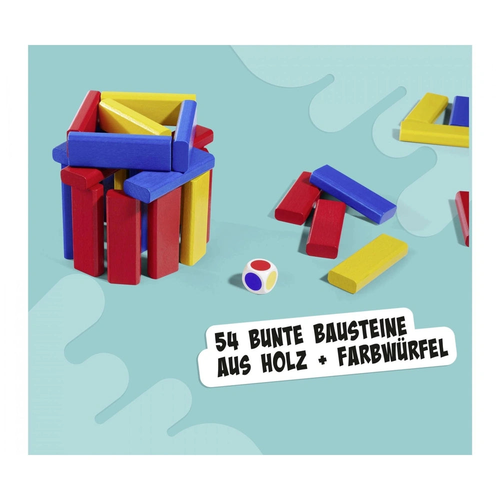 Noris 3 colorful building block games featuring 54 wooden pieces and a playful design on a light blue background.