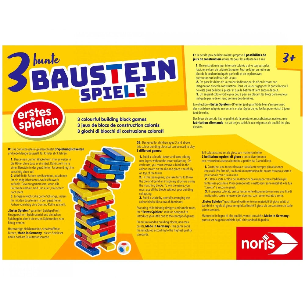 Noris 3 colorful building block games advertisement featuring vibrant blocks and playful design on a yellow background.