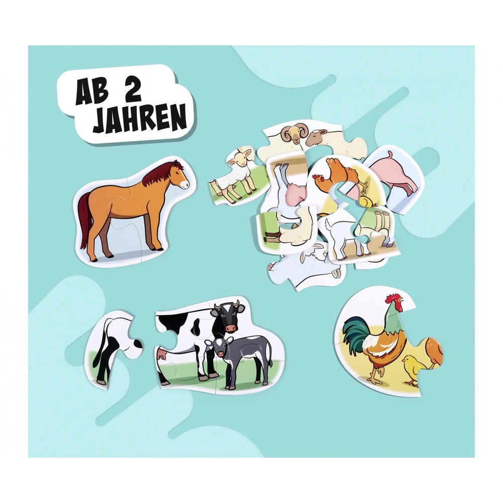 Noris - 6 first Puzzles - Farm Animals collection features colorful cartoon animal stickers on a light blue sky-like backgrou
