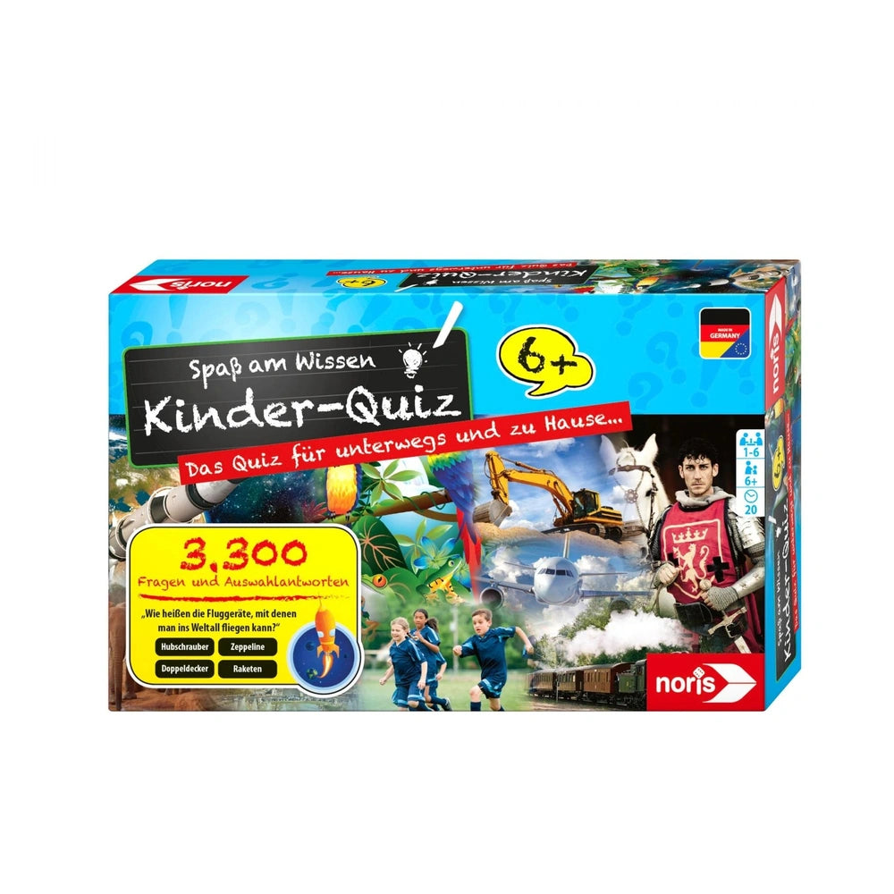 Noris childrens quiz game box in blue featuring colorful illustrations, suitable for kids aged 6+, with 3,300 questions.