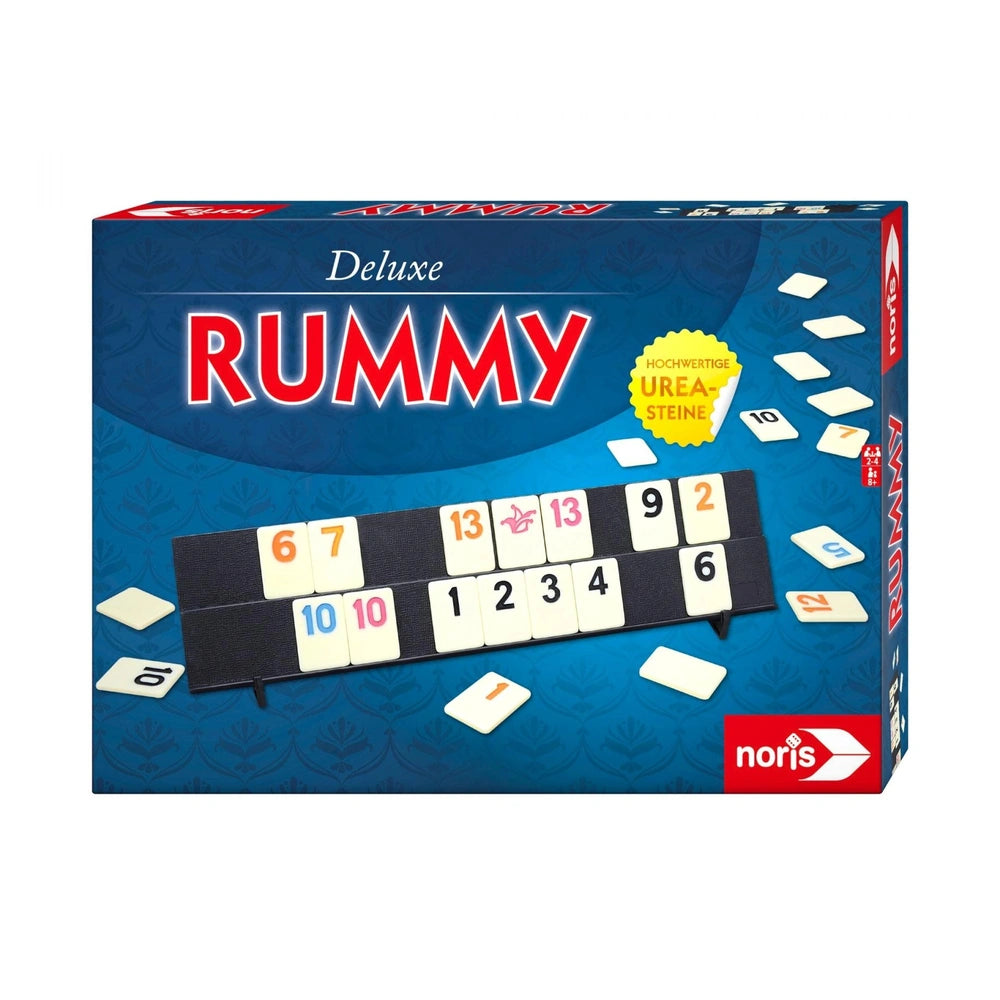 Noris Deluxe Rummy board game set packaging showcasing colorful numbered tiles and high-quality materials.
