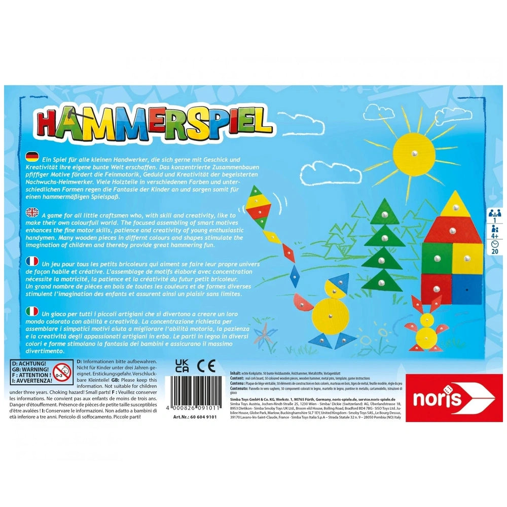 Noris Hammergame package featuring colorful illustrations of game components and playful design for kids.
