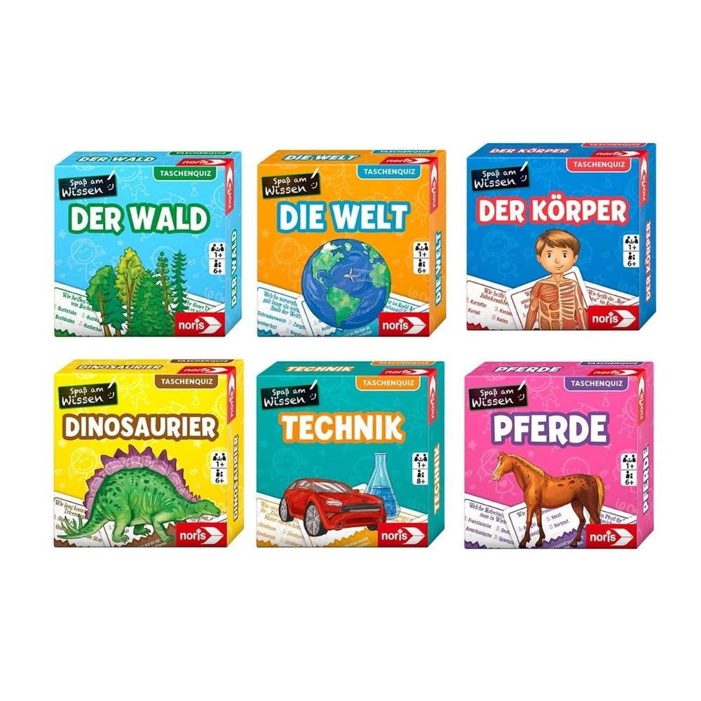 Noris Mini Quiz board games collection in German, featuring themes like nature, technology, dinosaurs, and quizzes for kids.