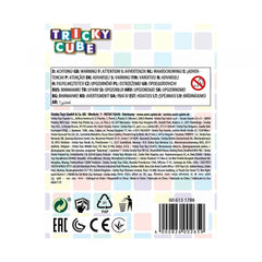 Noris Tricky Cube puzzle packaging featuring colorful patterns and warning text primarily in German.