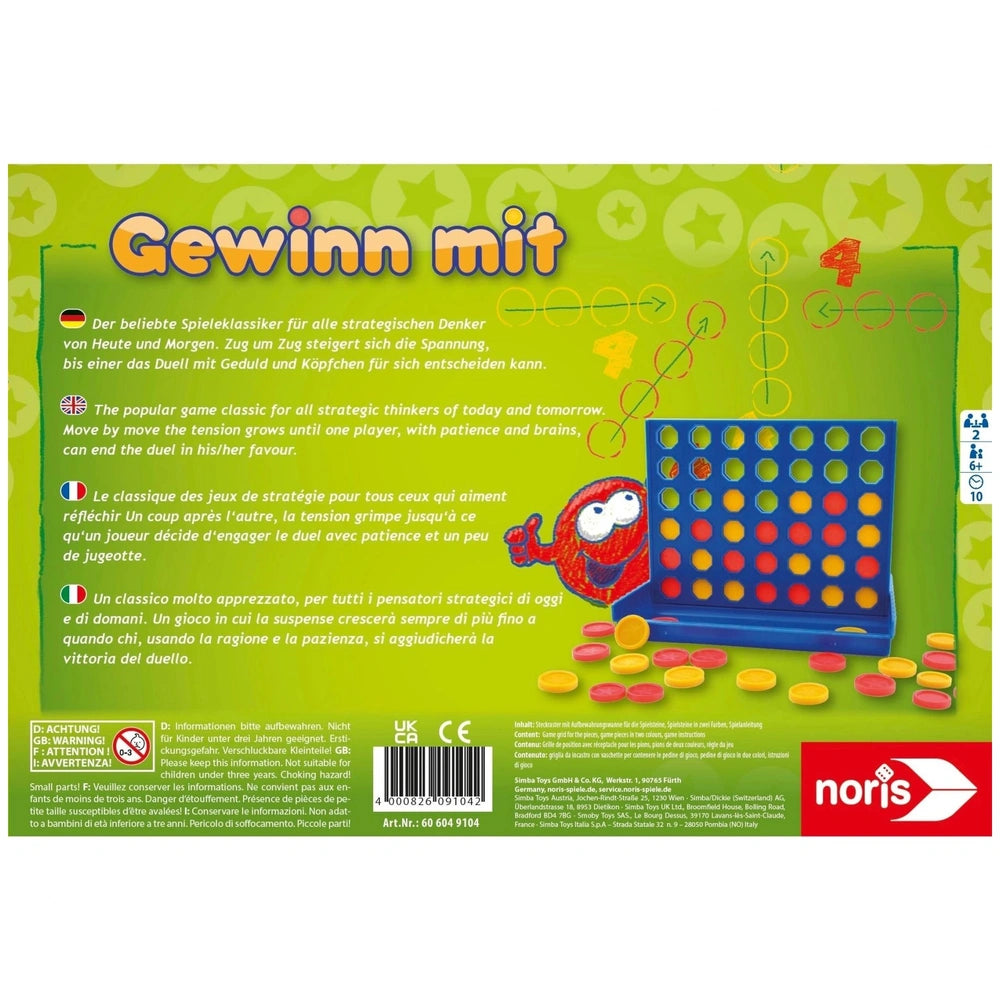 Noris board game packaging features a cartoon red monster and colorful game board, designed for children in multiple language