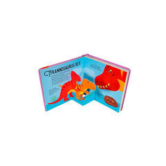 NUINUI Dinosaur Puppies book featuring orange and red dinosaurs on a blue background with yellow text and cardboard pages.