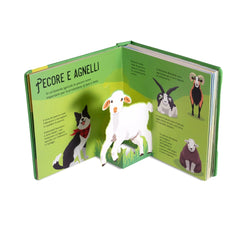 NUINUI Farm Life Pop Up Book features a glossy green cover with black text detailing sheep's importance in agriculture.