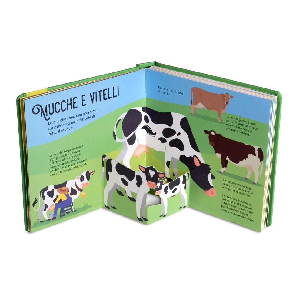 NUINUI Farm Life Pop Up Book with glossy packaging, green cover, and illustrated pages featuring cows and calves in Italian.