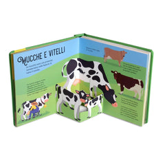 NUINUI Farm Life Pop Up Book with glossy packaging, green cover, and illustrated pages featuring cows and calves in Italian.