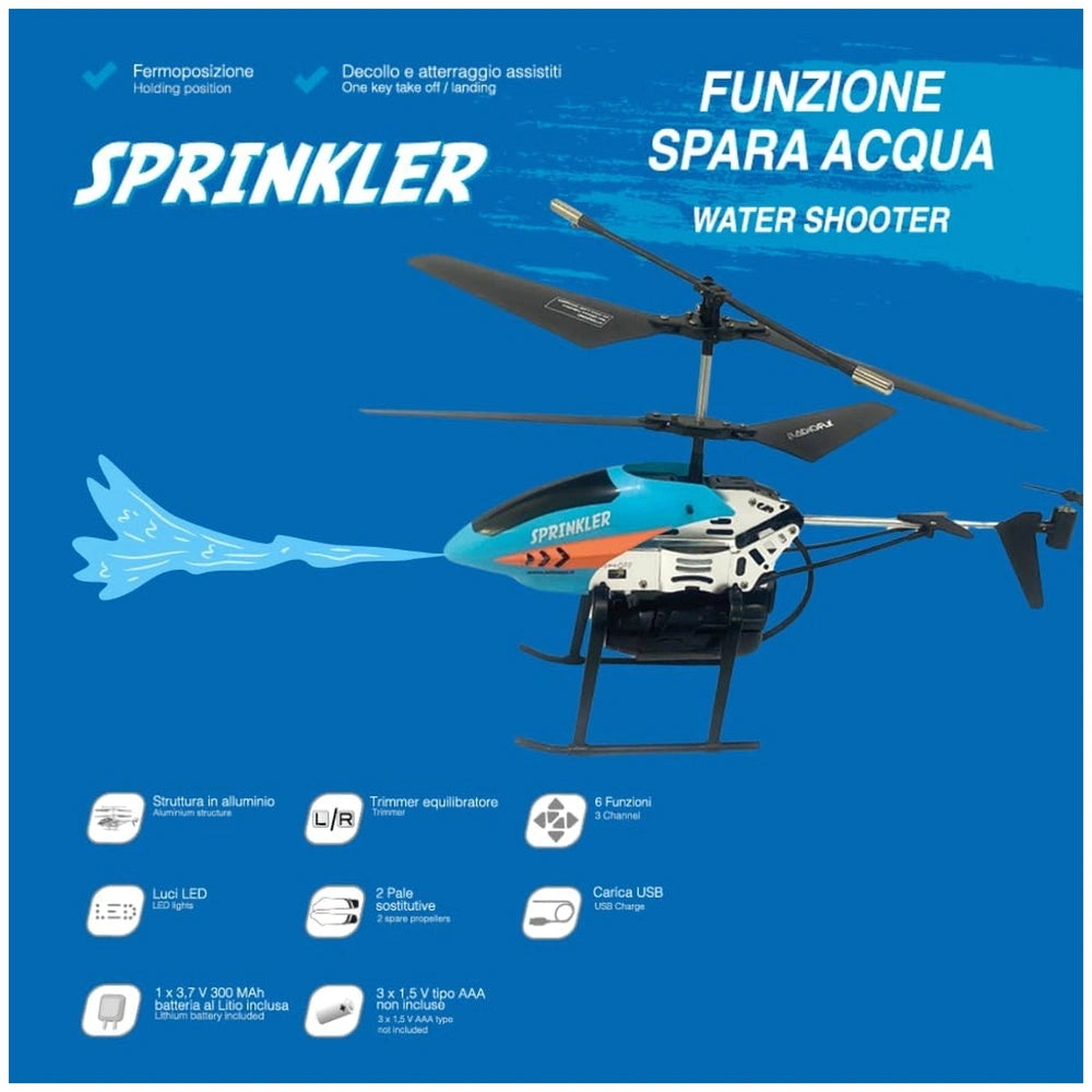 Radiofly RC helicopter in black with blue and orange accents, featuring a glossy body and clear canopy against a blue backgro