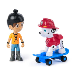 Paw Patrol Action Pups toy figures feature a dog in firefighter gear on a skateboard and a pup in a black helmet.