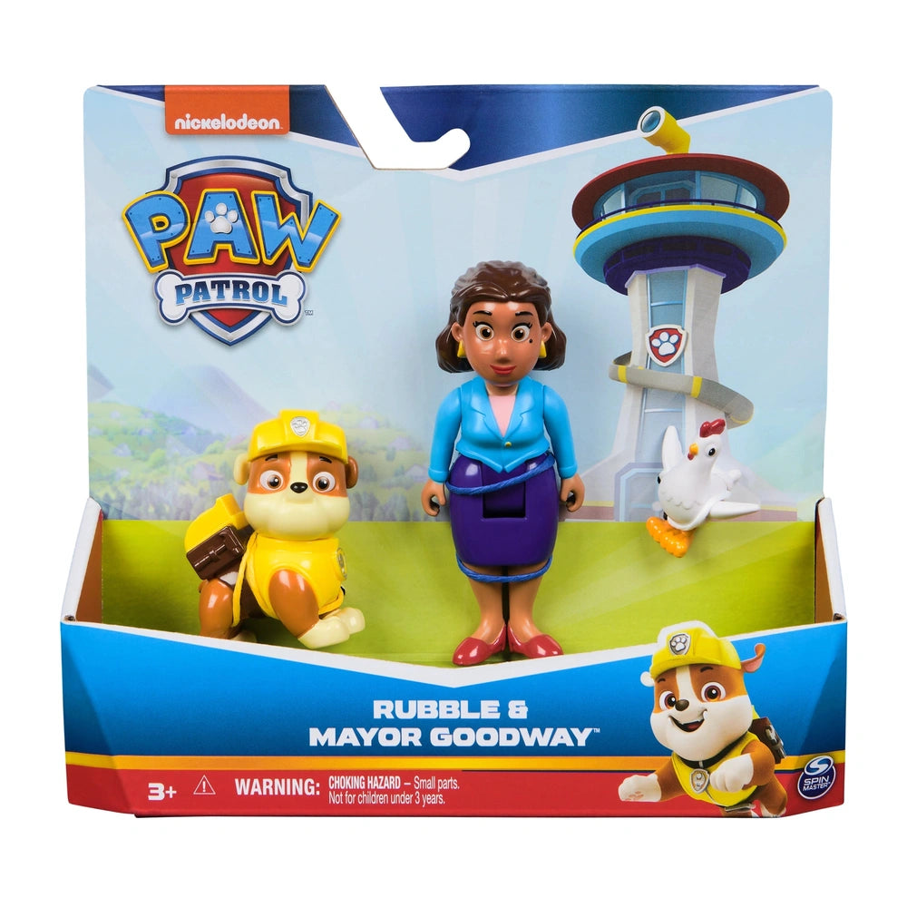 Paw Patrol Action Pups toy packaging features a female dog figurine in a blue jacket and hard hat against a vibrant landscape