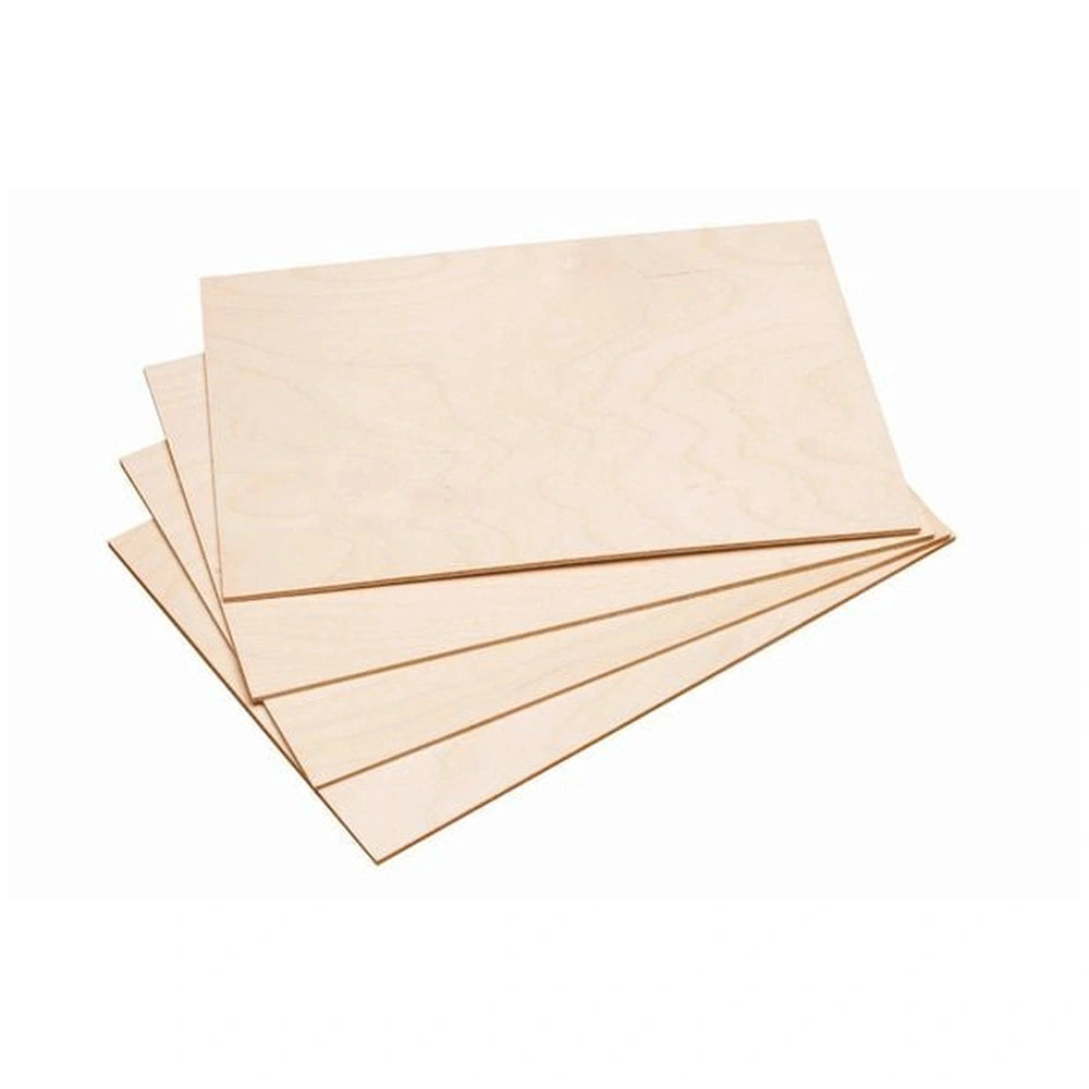 Four stacked birch plywood plates for arts and crafts, showcasing smooth, light woodgrain finish.
