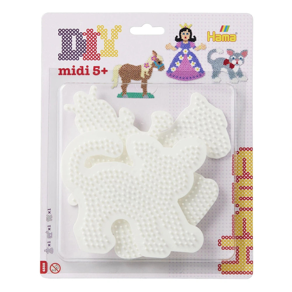 Pet Hama Iron-on Bead Plates featuring a brown horse, gray cat, and white dog on matte cardboard packaging with a transparent